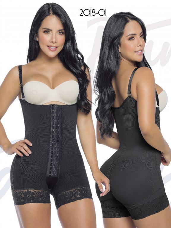 Butt lift body dhaper short-style, open bust, high back coverage whit adjustable straps. 3-hook rows to help reduce up to 3 sizes, and a siliconized lace on leg to prevent rolling. - Ref. 311 -2018-1 NEGRO