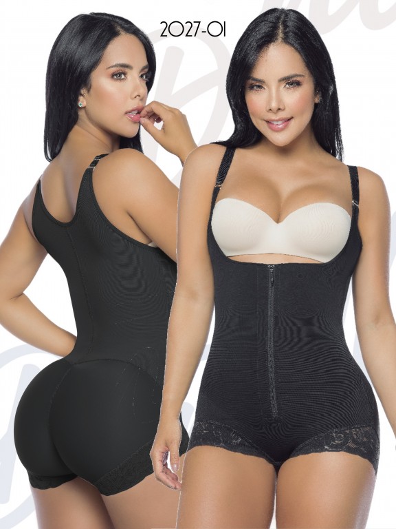 Boyshort body shaper, open bust, high back coverage whit adjustable straps, front zipper, and a siliconized lace on thigh to prevent rolling - Ref. 311 -2027-1 NEGRO