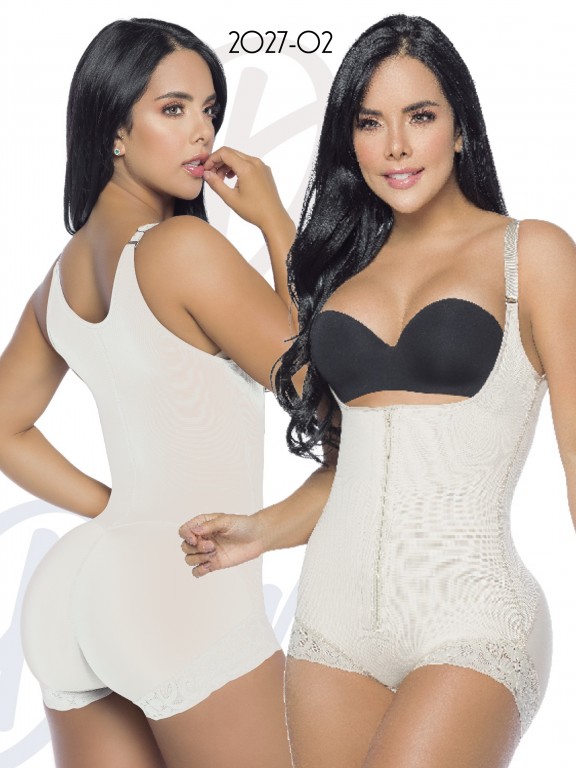 Boyshort body shaper, open bust, high back coverage whit adjustable straps, front zipper, and a siliconized lace on thigh to prevent rolling - Ref. 311 -2027-2 BEIGE
